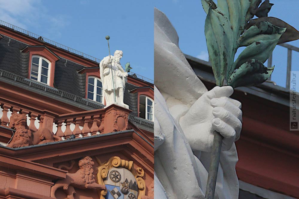 Bei der Restaurierung der Jakobusfigur am Portal der Zitadelle Mainz wurden 2020 die Hände neu gehauen.